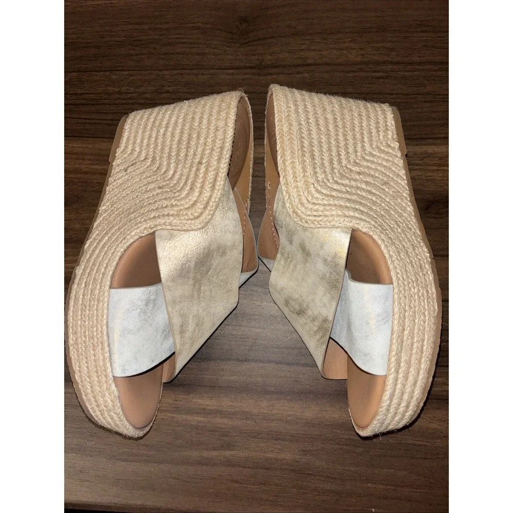$189 Gentle Souls Porto 7.5 Slide Sandals Wedge Leather Silver Gold Espadrilles